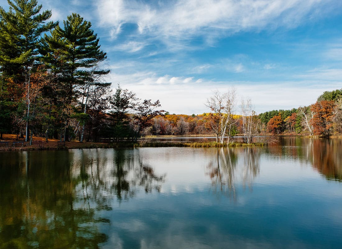 New London, WI - Sunny Autumn Landscape Featuring the High Altitude View From a Rocky Cliff at Devil’s Lake State Park Near Baraboo, Wisconsin